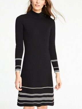 Ann Taylor Mock Neck Black White Stripes Sweater Dress w Gold Buttons Sz L EUC
